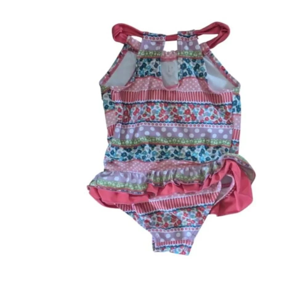 Floatimini Girls Pink Striped Floral Polka Dot Ruffle One-Piece Swimsuit, Size 4